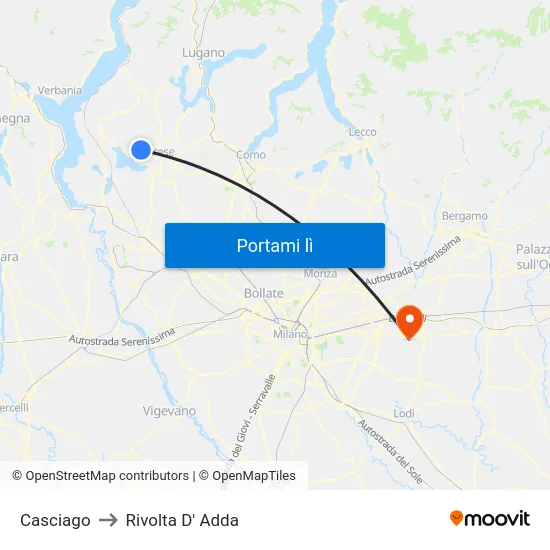 Casciago to Rivolta D' Adda map