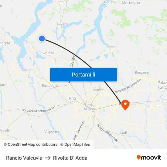 Rancio Valcuvia to Rivolta D' Adda map