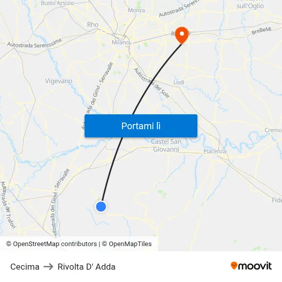 Cecima to Rivolta D' Adda map