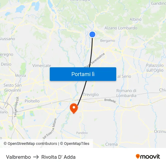 Valbrembo to Rivolta D' Adda map