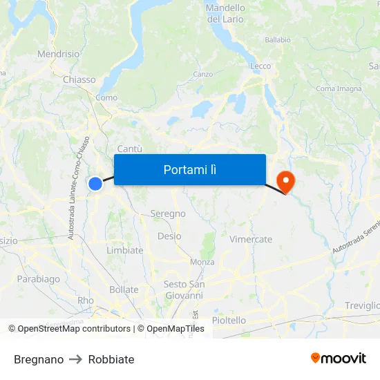 Bregnano to Robbiate map