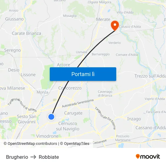 Brugherio to Robbiate map