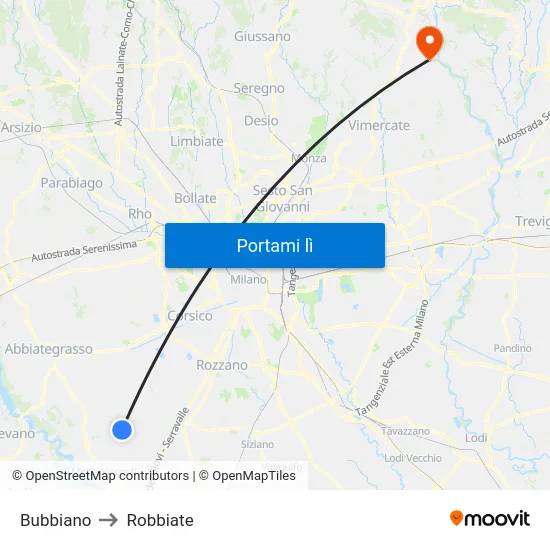 Bubbiano to Robbiate map