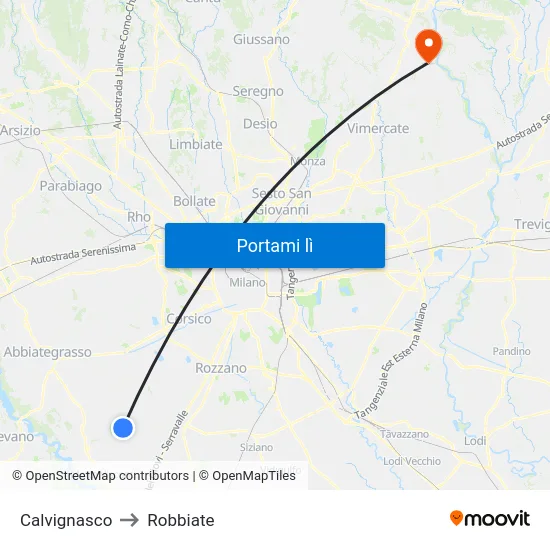 Calvignasco to Robbiate map