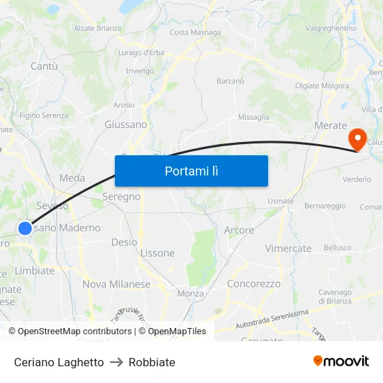 Ceriano Laghetto to Robbiate map