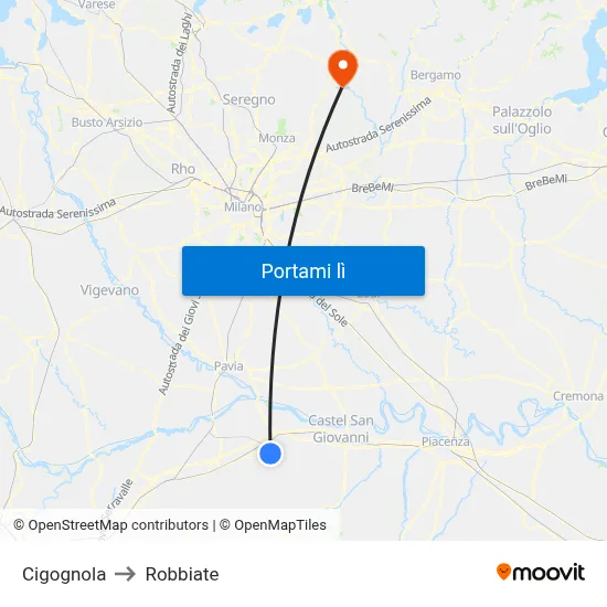 Cigognola to Robbiate map