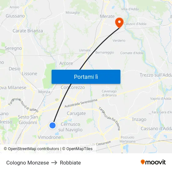 Cologno Monzese to Robbiate map