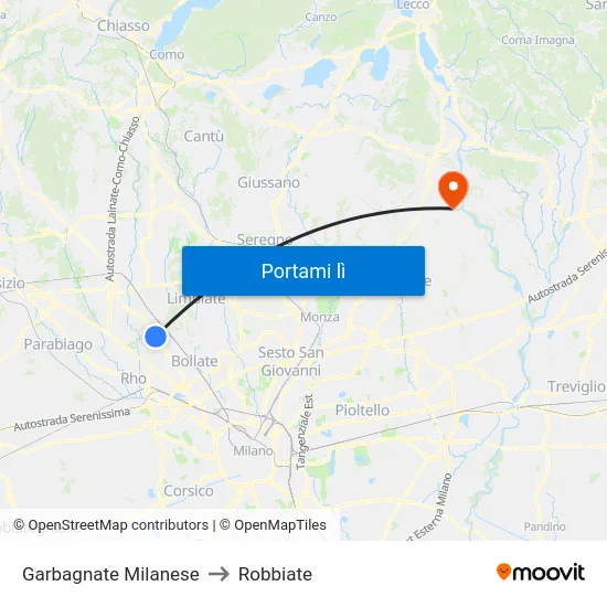 Garbagnate Milanese to Robbiate map