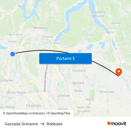 Gazzada Schianno to Robbiate map