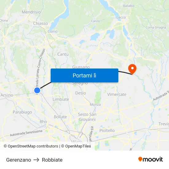 Gerenzano to Robbiate map
