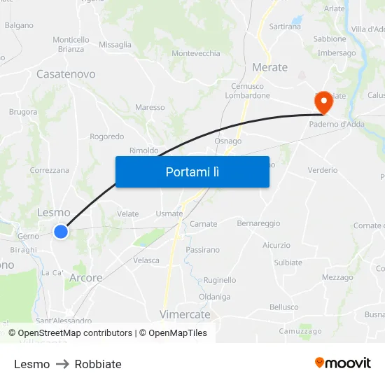 Lesmo to Robbiate map