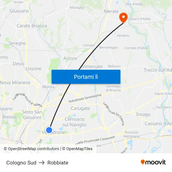 Cologno Sud to Robbiate map