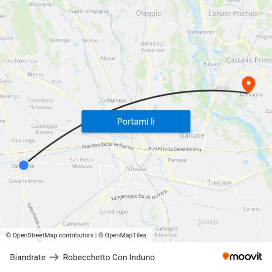 Biandrate to Robecchetto Con Induno map