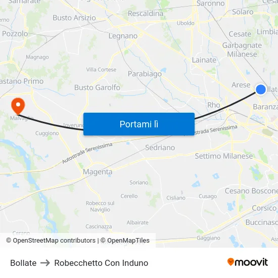 Bollate to Robecchetto Con Induno map