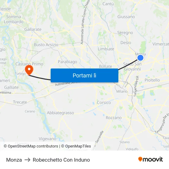 Monza to Robecchetto Con Induno map