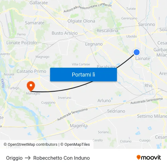 Origgio to Robecchetto Con Induno map