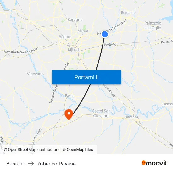 Basiano to Robecco Pavese map