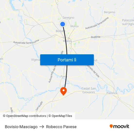 Bovisio-Masciago to Robecco Pavese map