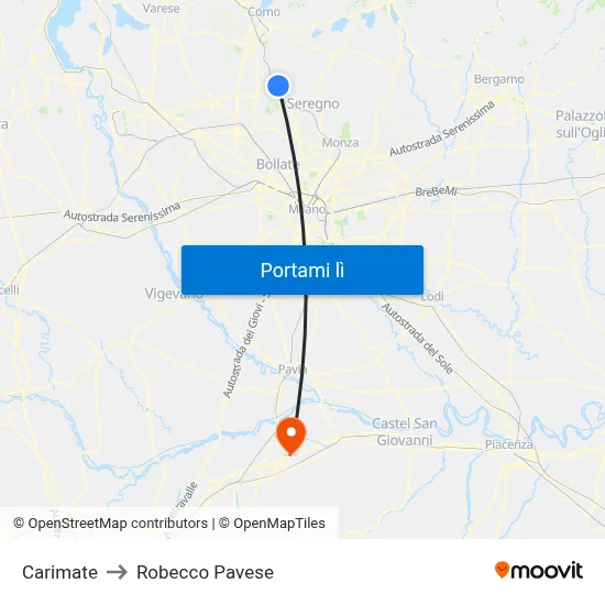 Carimate to Robecco Pavese map