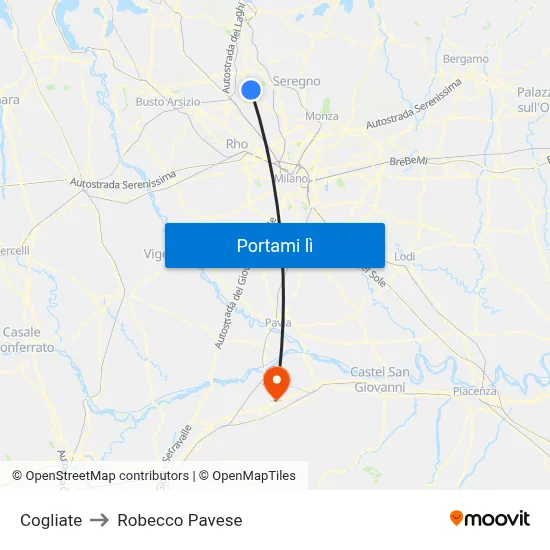 Cogliate to Robecco Pavese map