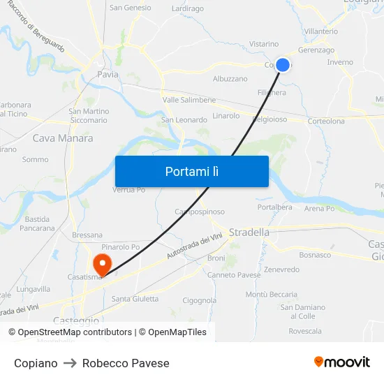 Copiano to Robecco Pavese map