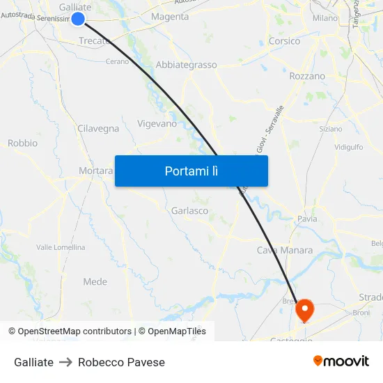 Galliate to Robecco Pavese map