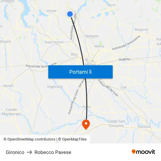 Gironico to Robecco Pavese map