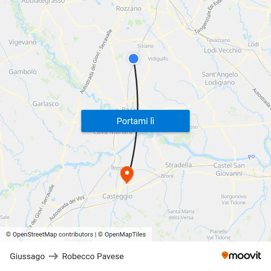 Giussago to Robecco Pavese map