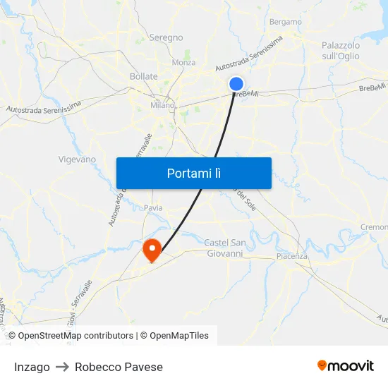 Inzago to Robecco Pavese map