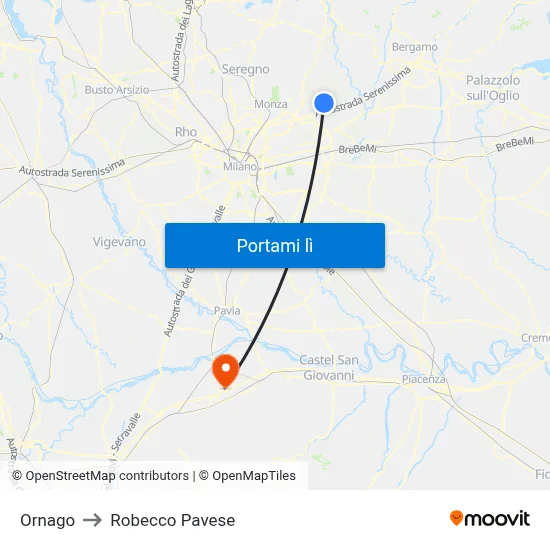 Ornago to Robecco Pavese map