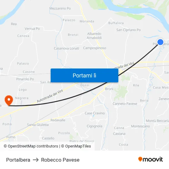 Portalbera to Robecco Pavese map