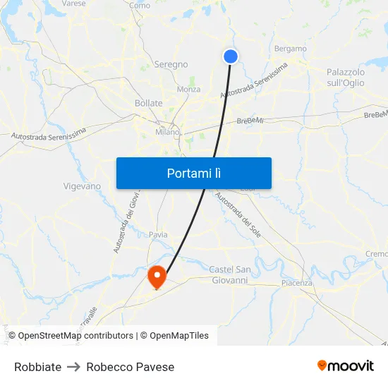 Robbiate to Robecco Pavese map