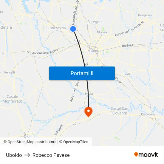 Uboldo to Robecco Pavese map
