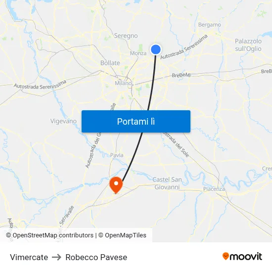 Vimercate to Robecco Pavese map