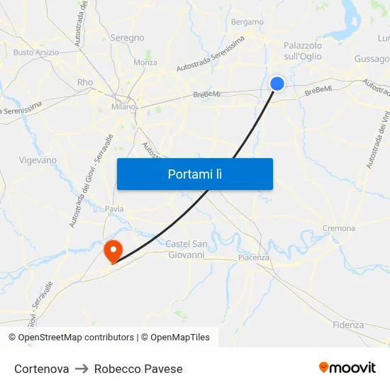 Cortenova to Robecco Pavese map
