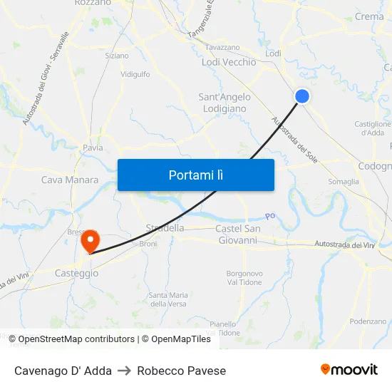 Cavenago D' Adda to Robecco Pavese map