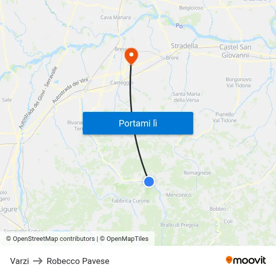 Varzi to Robecco Pavese map