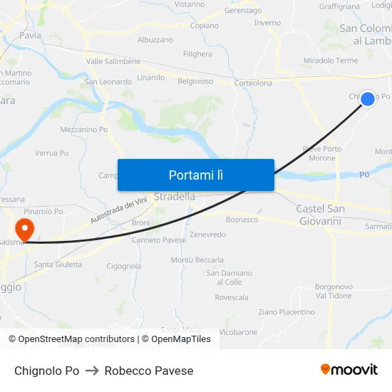 Chignolo Po to Robecco Pavese map