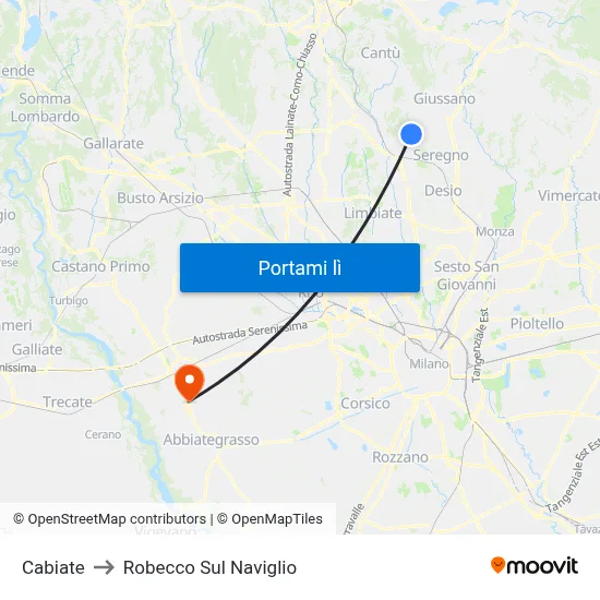 Cabiate to Robecco Sul Naviglio map