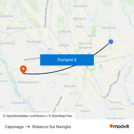 Caponago to Robecco Sul Naviglio map