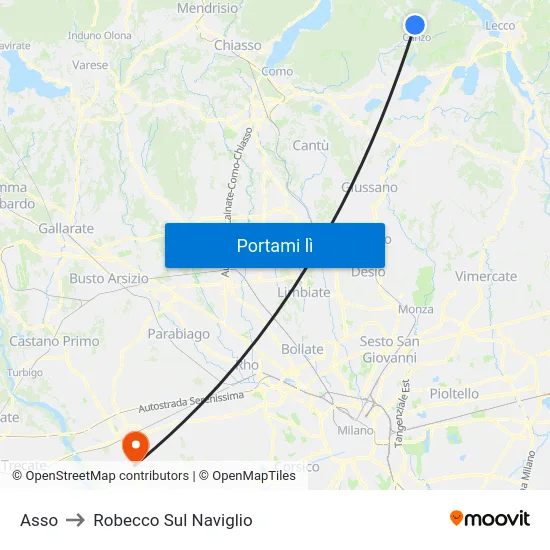 Asso to Robecco Sul Naviglio map
