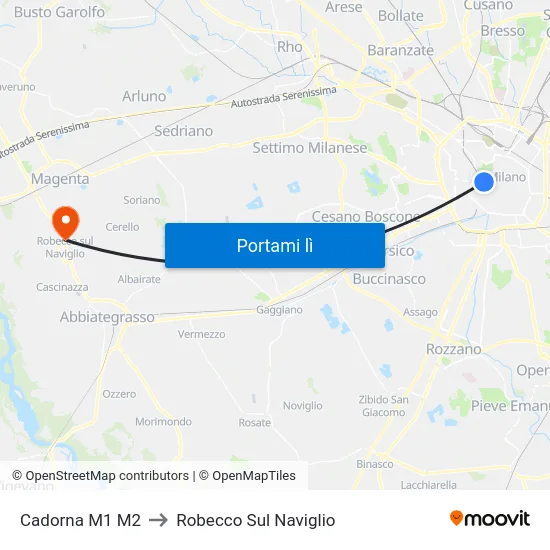 Cadorna M1 M2 to Robecco Sul Naviglio map