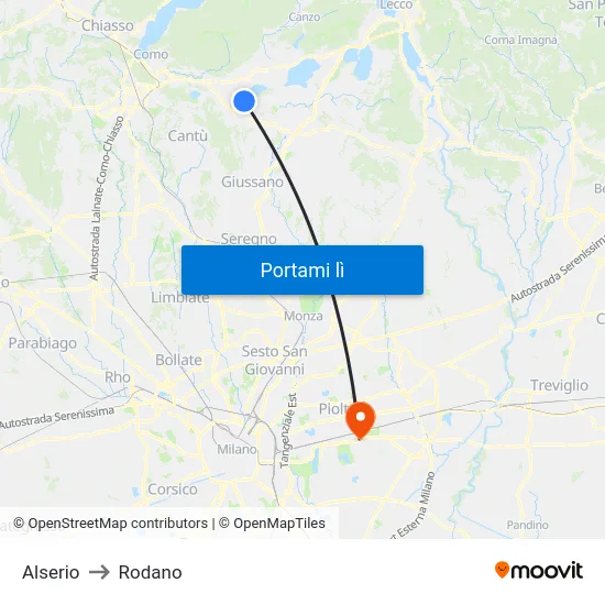 Alserio to Rodano map