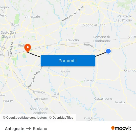 Antegnate to Rodano map