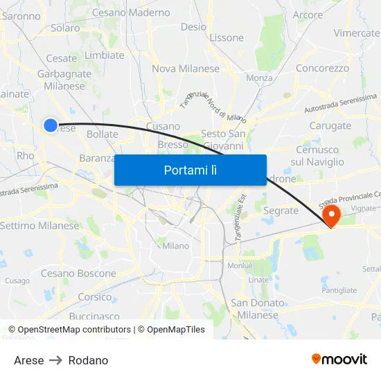 Arese to Rodano map