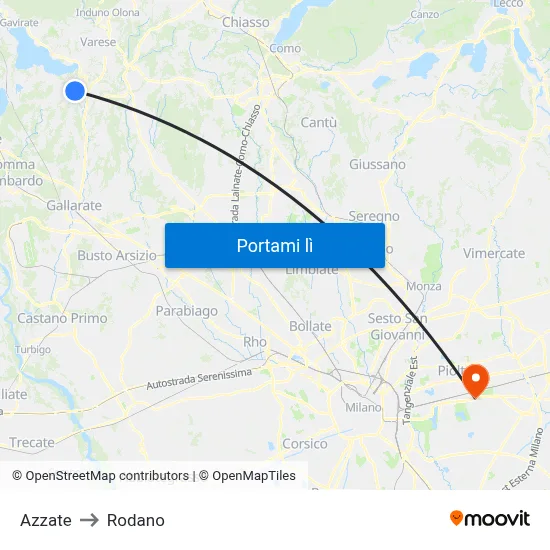 Azzate to Rodano map