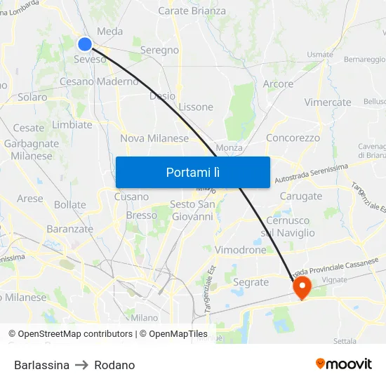 Barlassina to Rodano map