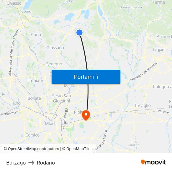 Barzago to Rodano map