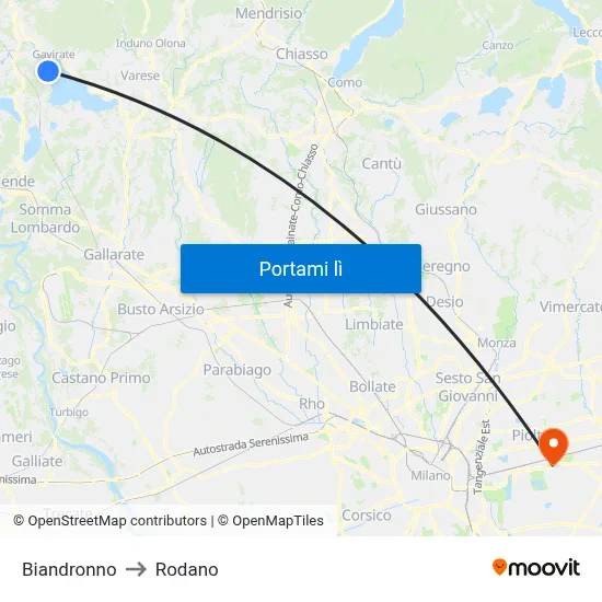 Biandronno to Rodano map