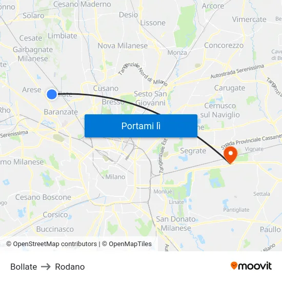 Bollate to Rodano map